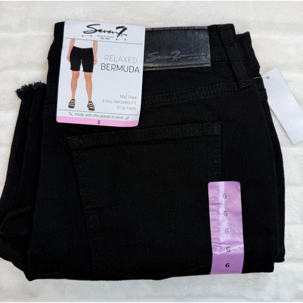 Seven7 Bermuda Shorts Womens 6 Black Jean Relaxed‎ Fit Stretch Comfort Fray Hem